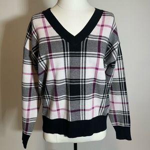 Tahari Pink Black White Plaid V-Neck Pullover Sweater Rayon Womens Size Medium M